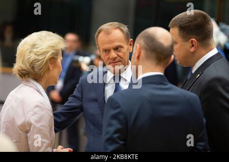 BRUSSELS, BELGIUM - OCTOBER 18, 2019. President elect of European Commission Ursula Gertrud von der Leyen talks with the President of the European Council Donald Franciszek Tusk and the Estonian Prime Minister Juri Ratas. European leaders talk ahead of round table talks at the second day of EU leaders summit without the British PM Boris Johnson on October 18, 2019, in Brussels, Belgium. EU and UK negotiators announced an agreement on the United Kingdom's departure from the European Union, Brexit. (Photo by Nicolas Economou/NurPhoto) Stock Photo