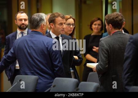 President of France, Emmanuel Macron. European leaders talk ahead of round table talks at the second day of EU leaders summit without the British PM Boris Johnson on October 18, 2019, in Brussels, Belgium. EU and UK negotiators announced an agreement on the United Kingdom's departure from the European Union, Brexit. (Photo by Nicolas Economou/NurPhoto) Stock Photo