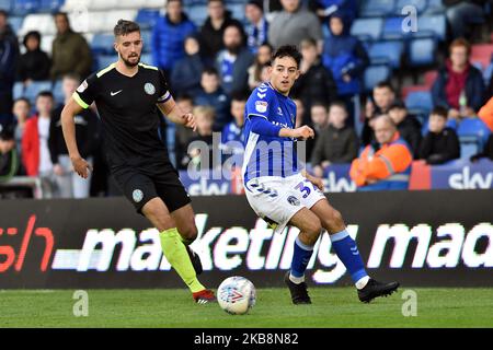 Oldham's Lewis McKinney and Macclesfield's Fiacre Kelleher in action during the Sky Bet League 2 match between Oldham Athletic and Macclesfield Town at Boundary Park, Oldham on Saturday 19th October 2019. (Photo by Eddie Garvey /MI News/NurPhoto) Stock Photo