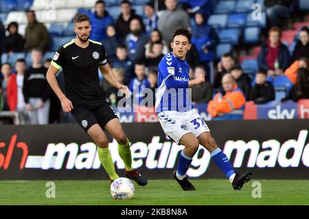Oldham's Lewis McKinney and Macclesfield's Fiacre Kelleher in action during the Sky Bet League 2 match between Oldham Athletic and Macclesfield Town at Boundary Park, Oldham on Saturday 19th October 2019. (Photo by Eddie Garvey /MI News/NurPhoto) Stock Photo