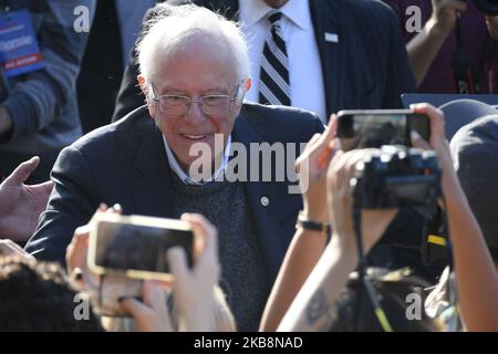 Democratic Presidential hopeful Sen. Bernie Sanders greets supporters during a Bernies Back rally in Queens, NY, on October 19, 2019. At the filled to capacity event Rep. Alexandria Ocasio-Cortez announces her support for the Senator of Vermont. (Photo by Bastiaan Slabbers/NurPhoto) Stock Photo