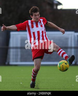 James Thomas of Bowers and Pitsea controlling the ball during FA cup 4th qualifying round between Bowers and Pitsea and Chichester City at Len Salmon stadium, Pitsea UK on 19 October 2019 (Photo by Action Foto Sport/NurPhoto) Stock Photo