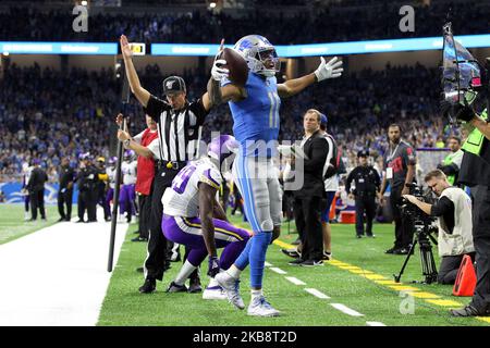 Detroit Lions wide receiver Marvin Jones (11) celebrates his touchdown during the first half of an NFL football game against the Minnesota Vikings in Detroit, Michigan USA, on Sunday, October 20, 2019 (Photo by Jorge Lemus/NurPhoto) Stock Photo