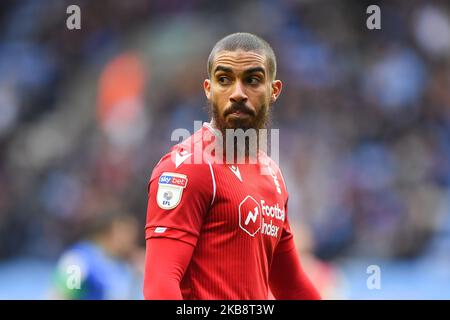 Lewis Grabban (7) of Nottingham Forest during the Sky Bet Championship match between Wigan Athletic and Nottingham Forest at the DW Stadium, Wigan on Sunday 20th October 2019. (Photo by Jon Hobley/MI News/NurPhoto) Stock Photo