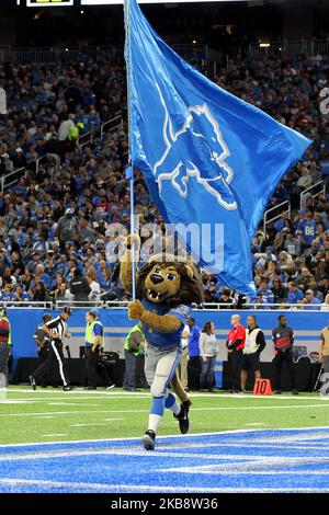 Detroit mascot Roary dressed in holiday attire stands on the sidelines  during an NFL football game between the Detroit Lions and the Arizona  Cardinals in Detroit, Michigan USA, on Sunday, December 19