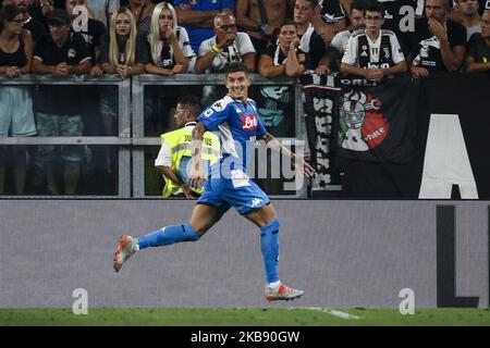 Napoli defender Giovanni Di Lorenzo (22) celebrates after scoring his goal to make it 3-3 during the Serie A football match n.2 JUVENTUS - NAPOLI on August 31, 2019 at the Allianz Stadium in Turin, Piedmont, Italy. Final result: Juventus-Napoli 4-3. (Photo by Matteo Bottanelli/NurPhoto) Stock Photo
