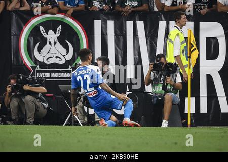 Napoli defender Giovanni Di Lorenzo (22) celebrates after scoring his goal to make it 3-3 during the Serie A football match n.2 JUVENTUS - NAPOLI on August 31, 2019 at the Allianz Stadium in Turin, Piedmont, Italy. Final result: Juventus-Napoli 4-3. (Photo by Matteo Bottanelli/NurPhoto) Stock Photo