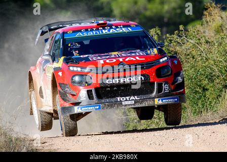 The French driver Sbastien Ogier and his co-driver Julien Ingrassia of Citroen Total WRT, jumping with his Citroen C3 WRC at SS2 Horta-Bot during the first day of Rally RACC Catalunya Costa Daurada, on October 25, 2019 in Salou, Spain. (Photo by Joan Cros/NurPhoto) Stock Photo