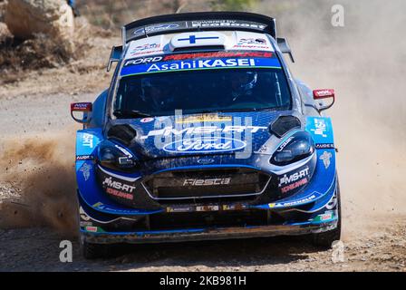 The Finnish driver Teemu Suninen and his co-driver Jarmo Lehtinen of M-Sport Ford World Rally Team, driving his Ford Fiesta WRC at SS3 La Fatarella-Vilalba during the first day of Rally RACC Catalunya Costa Daurada, on October 25, 2019 in Salou, Spain. (Photo by Joan Cros/NurPhoto) Stock Photo