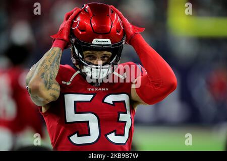 Houston, Texas, USA. 3rd Nov, 2022. Houston Texans linebacker Blake Cashman (53) puts on his helmet prior to the game between the Houston Texans and the Philadelphia Eagles at NRG Stadium in Houston, TX on November 3, 2022. (Credit Image: © Erik Williams/ZUMA Press Wire) Stock Photo