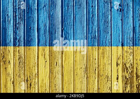 flag of Ukraine painted on wooden frame Stock Photo