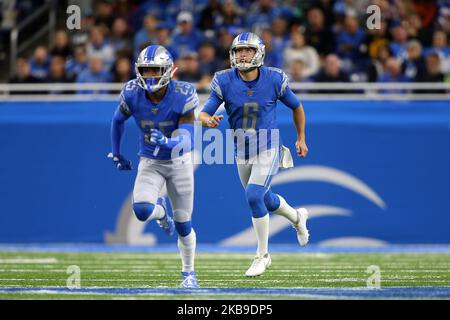 Detroit Lions punter Sam Martin (6) runs with Detroit Lions defensive back Will Harris (25) after making the kick for a Giants return during the first half of an NFL football game against the New York Giants in Detroit, Michigan USA, on Sunday, October 27, 2019. (Photo by Amy Lemus/NurPhoto) Stock Photo
