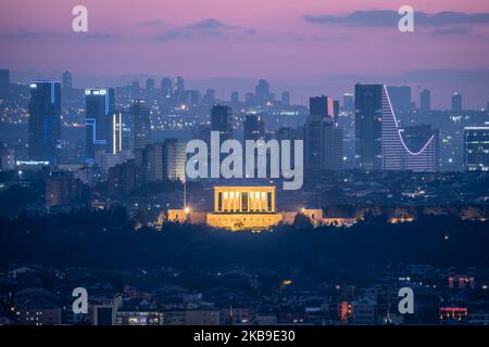 On Oct. 27, 2019, the Anitkabir, the mausoleum of Mustafa Kemal Ataturk, the leader of the Turkish War of Independence and first President of the Republic of Turkey, stands illuminated in front of the Ankara modern skyline at dusk. (Photo by Diego Cupolo/NurPhoto) Stock Photo