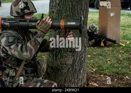 Anti-terrorist training of the military reserve at Roanne airport, France, on 30 October 2019. The soldiers of the 2nd Armoured Brigade (2nd BB), which includes a Headquarters, a Command and Signals Company (2nd CTC), a Military Initial Training Centre (CFIM) and seven regiments in north-eastern France, trained for several days in the event of deployment under the sentinel system and a terrorist attack on French territory. (Photo by Nicolas Liponne/NurPhoto) Stock Photo