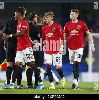Manchester United's Brandon Williams (Middle) and Manchester United's Scott McTominary (Right) during Carabao Cup Fourth Round between Chelsea and Manchester United at Stanford Bridge Stadium , London, England on 30 October 2019 t (Photo by Action Foto Sport/NurPhoto) Stock Photo