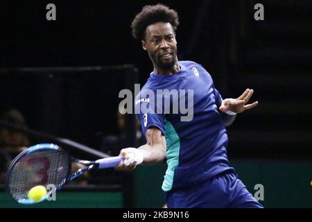 France's Gael Monfils hits a ball during the men's singles round of 16 of the Paris Masters tennis tournament against Moldova's Radu Albot. (Photo by Ibrahim Ezzat/NurPhoto) Stock Photo