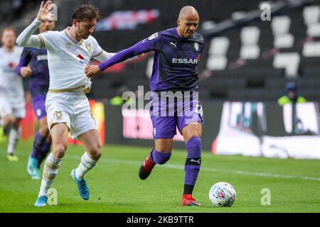MK Dons Alex Gilbey is challenged by Tranmere Rovers Jake Caprice during the second half of the Sky Bet League One match between MK Dons and Tranmere Rovers at Stadium MK, Milton Keynes on Saturday 2nd November 2019. (Photo by John Cripps/ MI News/NurPhoto) Stock Photo