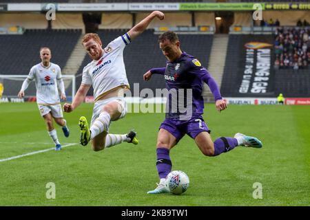 Tranmere Rovers Kieron Morris is challenged by MK Dons captain Dean Lewington during the first half of the Sky Bet League One match between MK Dons and Tranmere Rovers at Stadium MK, Milton Keynes on Saturday 2nd November 2019. (Photo by John Cripps/ MI News/NurPhoto) Stock Photo