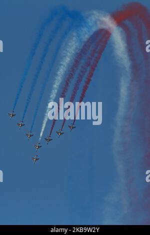 French elite acrobatic flying demonstration display team from French Air force Patrouille de France ( Patrouille Acrobatique de France or PAF ) with Alpha jets, specifically Dassault-Breguet-Dornier Alpha Jet E during an aerobatic air show demo on the Greek sky at the 8th Athens Flying Week 2019 at Tanagra Military Airbase near Athens, Greece on September 22, 2019 (Photo by Nicolas Economou/NurPhoto) Stock Photo