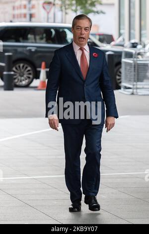 Brexit Party Leader Nigel Farage arrives at the BBC Broadcasting House in central London to appear on The Andrew Marr Show on 03 November 2019 in London, England. The UK is set to go to the polls on 12 December after MPs backed Prime Minster's call for an early general election earlier thsi week to resolve the Brexit deadlock. (Photo by WIktor Szymanowicz/NurPhoto) Stock Photo