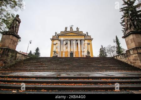 Cathedral Basilica of St. John the Apostle in autumn scenery is seen in Eger, Hungary on 3 November 2019 (Photo by Michal Fludra/NurPhoto) Stock Photo