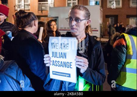 Supporters of WikiLeaks founder Julian Assange protest outside the UK Home Office building on 05 November, 2019 in London, England. Julian Assange currently remains in prison as he awaits US extradition request hearing scheduled for February 2020 over conspiracy with Chelsea Manning in obtaining and publishing the Iraq War Logs. (Photo by WIktor Szymanowicz/NurPhoto) Stock Photo