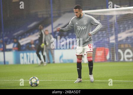 Noussair Mazraoui (Ajax) pictured during the 2019/20 UEFA Champions League Group H game between Chelsea FC (England) and AFC Ajax (Netherlands) at Stamford Bridge. (Photo by Federico Guerra Moran/NurPhoto) Stock Photo