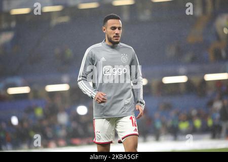 Noussair Mazraoui (Ajax) pictured during the 2019/20 UEFA Champions League Group H game between Chelsea FC (England) and AFC Ajax (Netherlands) at Stamford Bridge. (Photo by Federico Guerra Moran/NurPhoto) Stock Photo