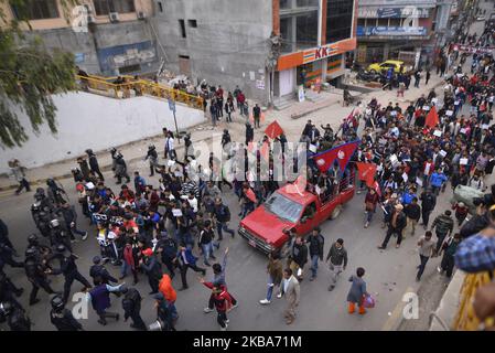 Students aligned with All Nepal National Free Students Union, sister wing of ruling Nepal Communist Party, stage a demonstration in Kathmandu, Nepal on Wednesday, November 06, 2019 against the controversial map released by India. India has released a new map showing Nepal’s land Kalapani and Lipulek as Indian territory. (Photo by Narayan Maharjan/NurPhoto) Stock Photo