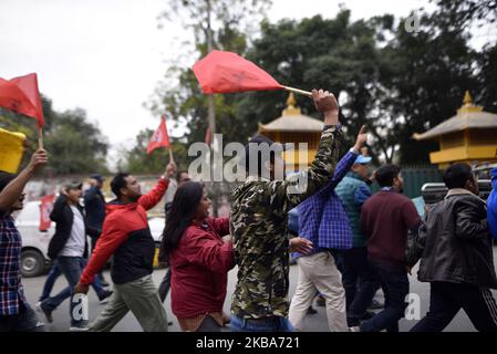 Students aligned with All Nepal National Free Students Union, sister wing of ruling Nepal Communist Party, stage a demonstration in Kathmandu, Nepal on Wednesday, November 06, 2019 against the controversial map released by India. India has released a new map showing Nepal’s land Kalapani and Lipulek as Indian territory. (Photo by Narayan Maharjan/NurPhoto) Stock Photo