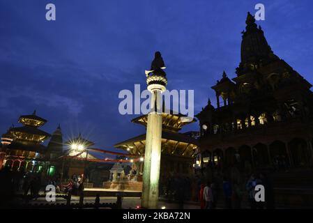 A Prospective view of Heritage and Monuments Sites of Patan Durbar Square decorated with colorful light in Lalitpur, Nepal on Wednesday, November 06, 2019. Patan Durbar Square is one of the three Durbar Squares in the Kathmandu Valley, which is listed in the UNESCO World Heritage Sites. (Photo by Narayan Maharjan/NurPhoto) Stock Photo