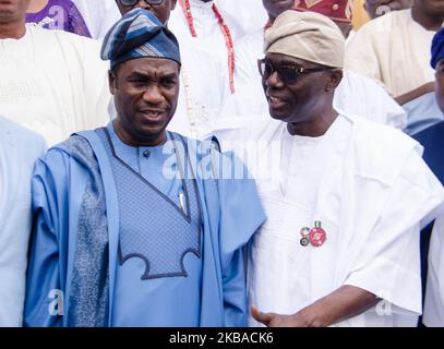 Lagos State Governor Babajide Sonwo-Olu(R), Deputy Governor, Obafemi Hamzat pose for group pictures, at the 2020 budget presentation in Lagos, Nigeria November 8 2019. (Photo by Olukayode Jaiyeola/NurPhoto) Stock Photo