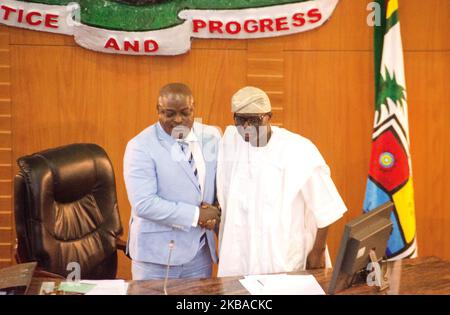 Lagos State Governor Babajide Sonwo-Olu flanked by the Speaker of Lagos State House of Assembly, Mudashiru Obasa during the 2020 budget presentation in Lagos, Nigeria November 8 2019. (Photo by Olukayode Jaiyeola/NurPhoto) Stock Photo