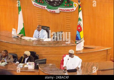 Lagos State Governor Babajide Sonwo-Olu speaking at the 2020 budget presentation in Lagos, Nigeria November 8 2019. (Photo by Olukayode Jaiyeola/NurPhoto) Stock Photo