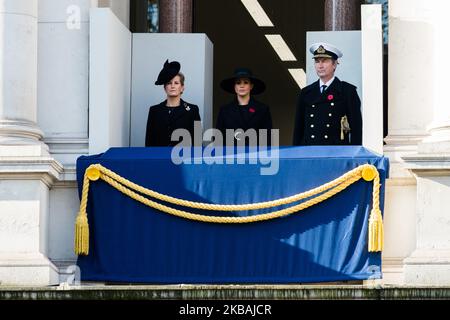 (L-R) Sophie, Countess of Wessex, Meghan, Duchess of Sussex and Vice Admiral Timothy Laurence attend the National Service of Remembrance at the Cenotaph on 10 November, 2019 in London, England, held annually to commemorate military personnel who died in the line of duty on the anniversary of the end of the First World War. (Photo by WIktor Szymanowicz/NurPhoto) Stock Photo