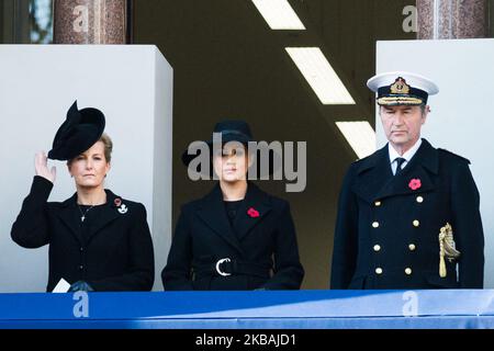 (L-R) Sophie, Countess of Wessex, Meghan, Duchess of Sussex and Vice Admiral Timothy Laurence attend the National Service of Remembrance at the Cenotaph on 10 November, 2019 in London, England, held annually to commemorate military personnel who died in the line of duty on the anniversary of the end of the First World War. (Photo by WIktor Szymanowicz/NurPhoto) Stock Photo