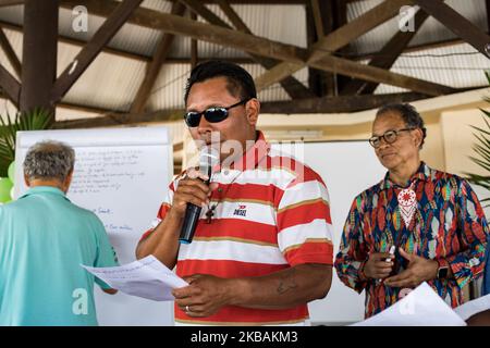 Mana, France, July 6, 2019. Aiku speaks at the pre-synodal meeting of indigenous peoples of French Guiana. He came from his village in Upper Maroni as a representative of the Wayana Amerindian people. (Photo by Emeric Fohlen/NurPhoto) Stock Photo