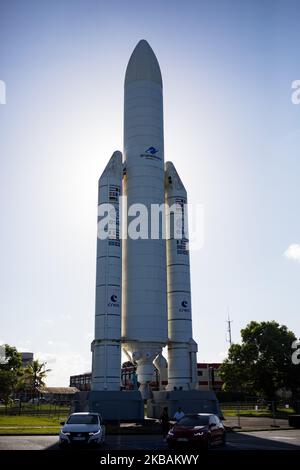 Kourou, France, July 7, 2019. A model of the Ariane rocket in front of the entrance to the Kourou space centre. (Photo by Emeric Fohlen/NurPhoto) Stock Photo