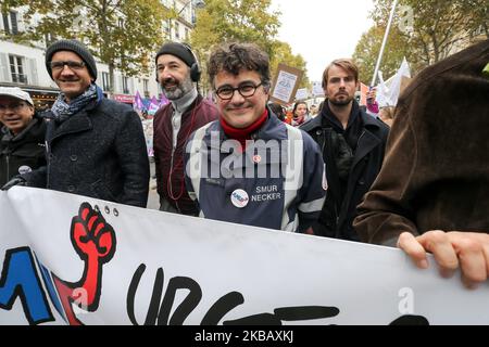 Patrick Pelloux(C) , emergency doctor at the Samu de Paris and President of the Association of Urgentists of France takes part in a demonstration of professionnals from french public hospitals in Paris on November 14, 2019, for another day of action as part of a nationwide day of protest calling for an 'emergency plan for public hospitals'. Many sectors of hospital services, emergency services, the SAMU or the fire brigade marched to ask for more financial resources to accomplish their missions. (Photo by Michel Stoupak/NurPhoto) Stock Photo