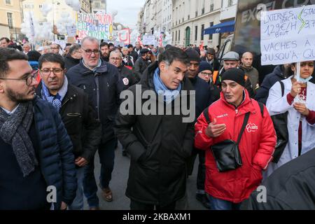 First secretary of the French Socialist Party (PS) Olivier Faure (3R) takes part in a demonstration of professionnals from french public hospitals in Paris on November 14, 2019, for another day of action as part of a nationwide day of protest calling for an 'emergency plan for public hospitals'. Many sectors of hospital services, emergency services, the SAMU or the fire brigade marched to ask for more financial resources to accomplish their missions. (Photo by Michel Stoupak/NurPhoto) Stock Photo