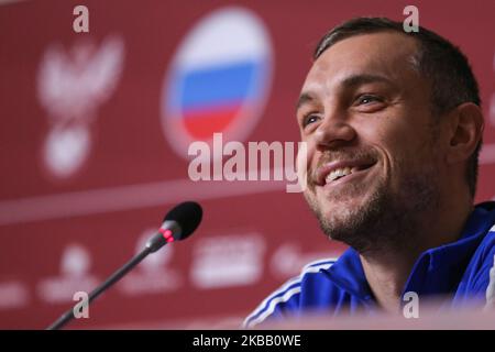 Russia's Artem Dzyuba attends a news conference ahead of the Euro 2020 qualifying matches against Belgium and San Marino, in St. Petersburg, Russia. Russia will play against Belgium and San Marino on November 16 and 19 respectively. (Photo by Igor Russak/NurPhoto) Stock Photo