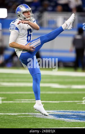 Detroit Lions punter Sam Martin (6) follows his kick during warmups before the first half of an NFL football game against the Dallas Cowboys in Detroit, Michigan USA, on Sunday, November 17, 2019. (Photo by Amy Lemus/NurPhoto) Stock Photo