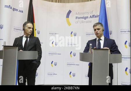 German Foreign Minister Heiko Maas (L) and Foreign Minister of Ukraine Vadym Prystaiko (R) speak during an joint press-conference, following their meeting in Kyiv, Ukraine, on 19 November, 2019.The agenda of the meeting of Foreign Ministers is Normandy-Ukraine interaction between Germany and Ukraine, Ukrainian-German bilateral cooperation and energy security issues in Europe. German Foreign Minister Heiko Maas is on a working visit Ukraine. (Photo by STR/NurPhoto)