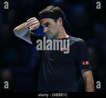 Roger Federer (SUI) in action during Singles Semi-Final match Stefanos Tsitsipas (GRE) against Roger Federer (SUI) International Tennis - Nitto ATP World Tour Finals Day 3 - Tuesday 16th November 2019 - O2 Arena - London (Photo by Action Foto Sport/NurPhoto) Stock Photo