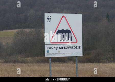 A sign 'Slow down! Bears!' seen in Bieszczady National Park. On Sunday, November 17, 2019, in Ustrzyki Dolne, Podkarpackie Voivodeship, Poland. (Photo by Artur Widak/NurPhoto) Stock Photo