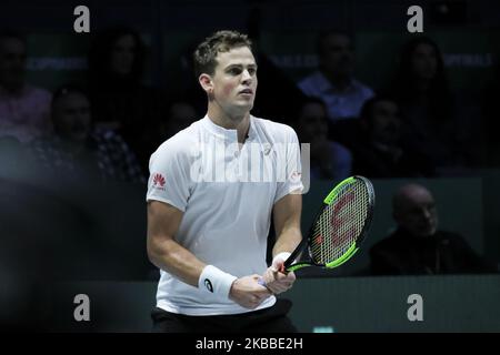 Vasek Pospisil of Canada in his semi final singles match against Andrey Rublev of Russia during Day Six of the 2019 Davis Cup at La Caja Magica on November 23, 2019 in Madrid, Spain. (Photo by Oscar Gonzalez/NurPhoto) Stock Photo