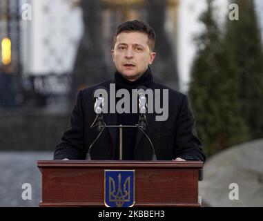 Ukrainian President Volodymyr Zelensky speaks during a commemoration ceremony at a Monument to the Victims of the Holodomor in Kyiv, Ukraine, on 23 November 2019. Ukrainians mark the anniversary of the Great Famine in Soviet Ukraine 1932-33, which many regard as a genocide ordered by then Soviet leader Joseph Stalin, where millions Ukrainians died in starvation catastrophe, unprecedented in the history of Ukraine. (Photo by STR/NurPhoto) Stock Photo