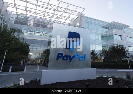 PayPal logo can be seen at its office in San Jose, California, United States on November 23, 2019. PayPal has agreed to acquire Honey Science Corporation, a rapidly-growing technology platform for shopping and rewards, for approximately $4 billion. (Photo by Yichuan Cao/NurPhoto) Stock Photo