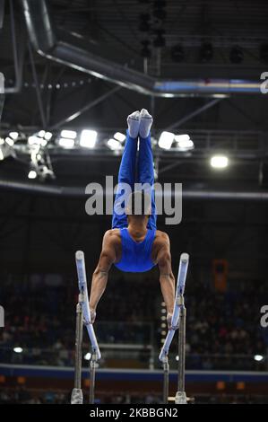 The Italian athlete Lay Giannini performs with his exercise during the Fastweb Grand Prix of Gymnastics, Trophy 150 years, artistic and rhythmic gymnastics tournament in honor of the 150th anniversary of the Italian Gymnastics Federation at Allianz Cloud stadium, in Milan, Italy on 23 November 2019. (Photo by Andrea Diodato/NurPhoto) Stock Photo