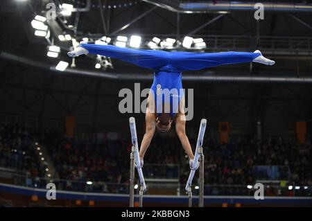 The Italian athlete Lay Giannini performs with his exercise during the Fastweb Grand Prix of Gymnastics, Trophy 150 years, artistic and rhythmic gymnastics tournament in honor of the 150th anniversary of the Italian Gymnastics Federation at Allianz Cloud stadium, in Milan, Italy on 23 November 2019. (Photo by Andrea Diodato/NurPhoto) Stock Photo